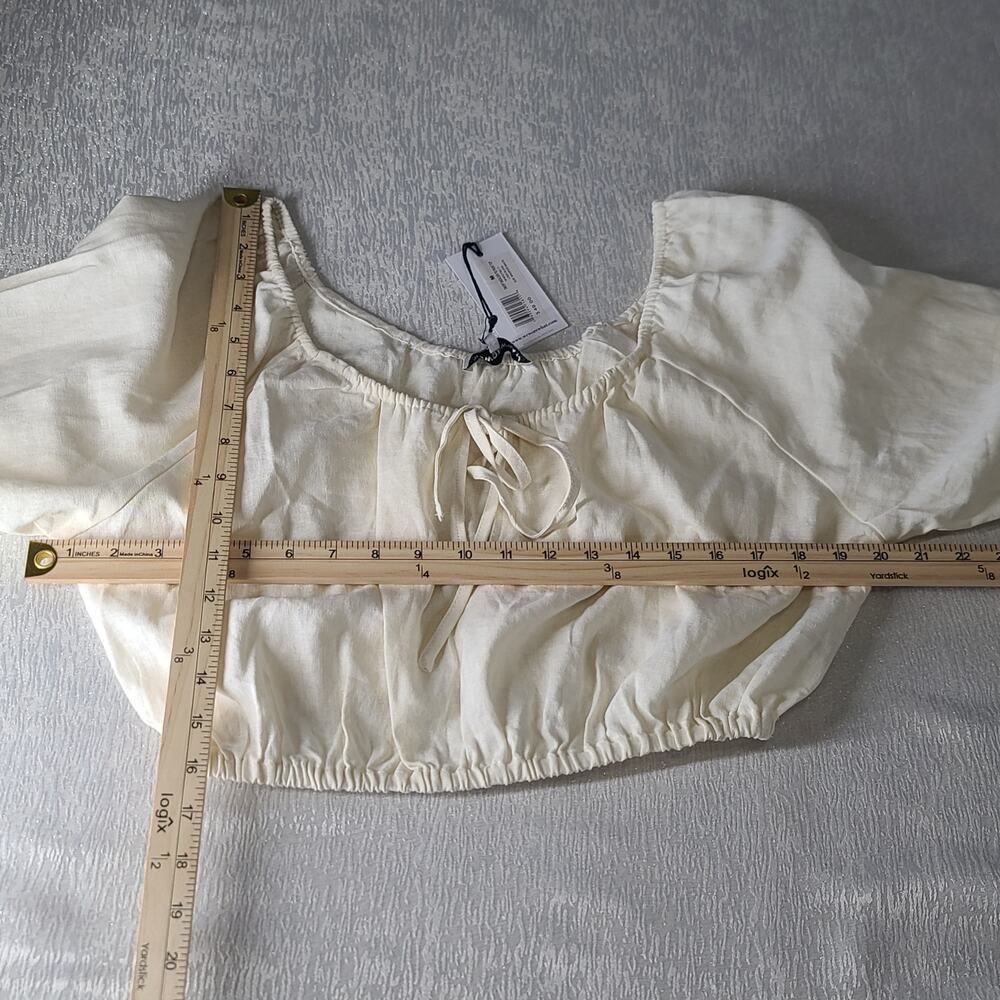 Weworewhat Linen crop resort wear puffy sleeve milkmaid tie front top Sze Small - Picture 4 of 6